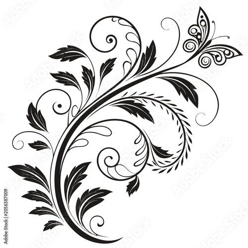 Canvas Print Decorative floral element with butterfly on transparent.