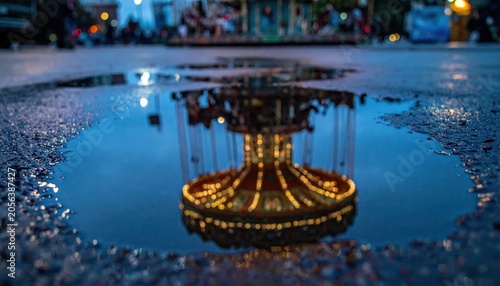 Illuminated Carousel in Rainy City Square at Night.