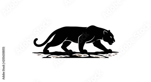 Schilderij op canvas Majestic Black Panther Silhouette Strolling Gracefully on White Background