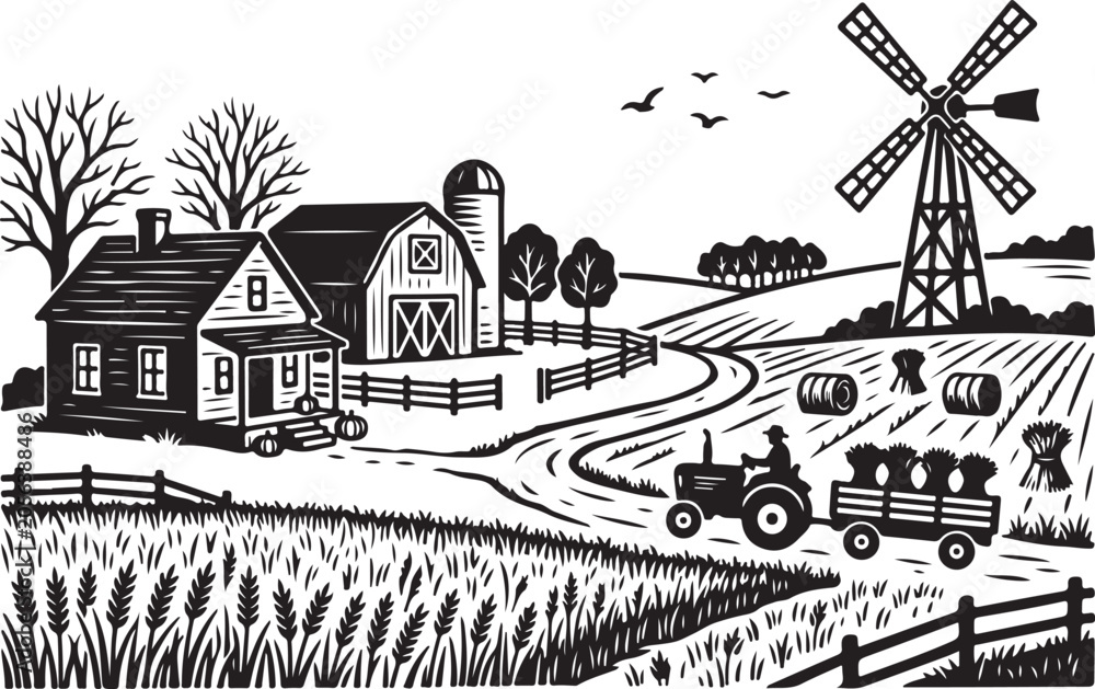 Fototapeta premium Rural farm landscape, black and white vector, farmhouse, tractor, windmill, countryside scene
