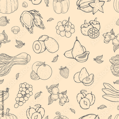 Seamless pattern, featuring various hand drawn exotic fruits, including dragon fruit, mangosteen, star fruit, papaya, avocado, berries, with leaves, on light background, perfect for food packaging, te