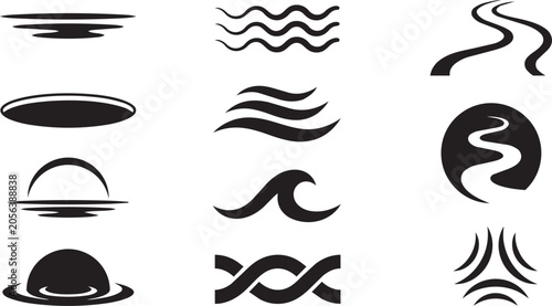 Foto Minimalist water wave icons and river symbols, set of 12 black vector graphic el