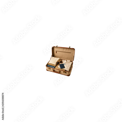 Open suitcase with passport and travel essentials isolated transparent PNG