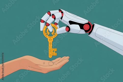   
Stylized illustration of robotic hand giving golden key to human hand, symbolizing artificial intelligence, knowledge transfer, and collaboration between humans and technology