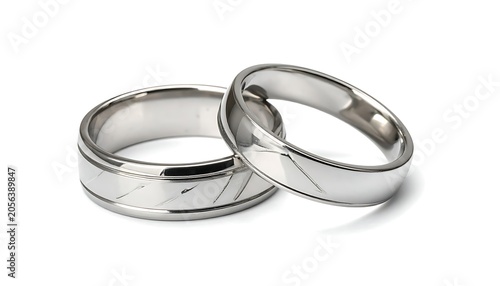 Two silver wedding bands on white background