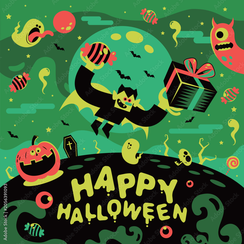 Naklejka premium Cute retro vector illustration of a friendly cartoon vampire flying holding a Halloween gift box and big candy under a large full moon on a spooky hill with a pumpkin and ghosts.