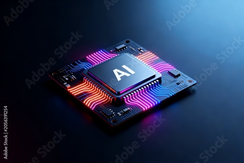 AI Chip with Neon Circuitry on Dark Background