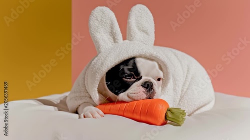 Adorable puppy wearing bunny costume napping with toy carrot on colorful background