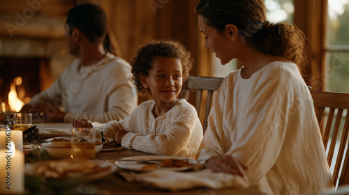 blended family gathered around dining table during holiday meal with mismatched chairs accommodating extra guests, stepchildren and biological children mixing, inclusive family