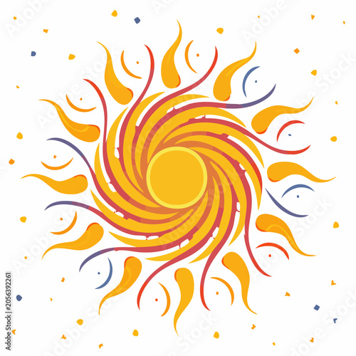 Stylized Sunburst with Swirling Rays and Confetti