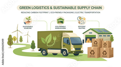 Sustainable supply chain and eco friendly logistics illustration featuring electric delivery truck, solar warehouse, and wind turbines