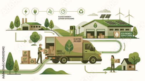 Sustainable logistics and eco-friendly supply chain illustration depicting green energy and electric transport