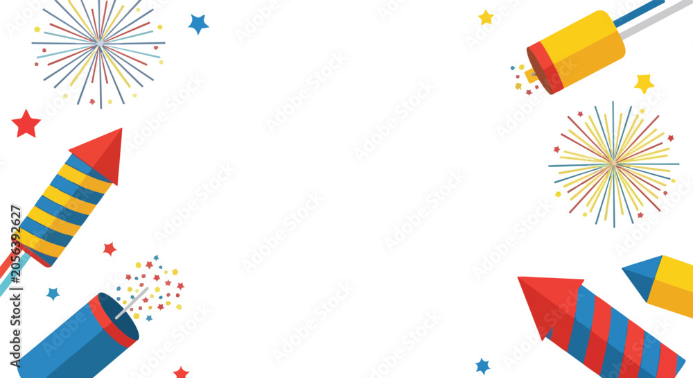 Obraz premium A festive vector background featuring colorful fireworks, rockets, firecrackers, and stars arranged along the edges of a clean white space.