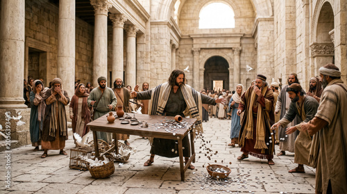 Jesus overturns the tables of the money changers and the benches of those selling doves in the temple.
