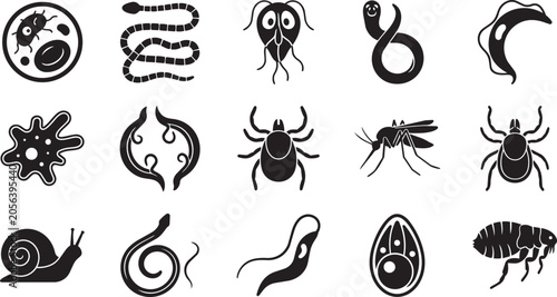Insect, animal, and microorganism icons, black vector set, 16 elements