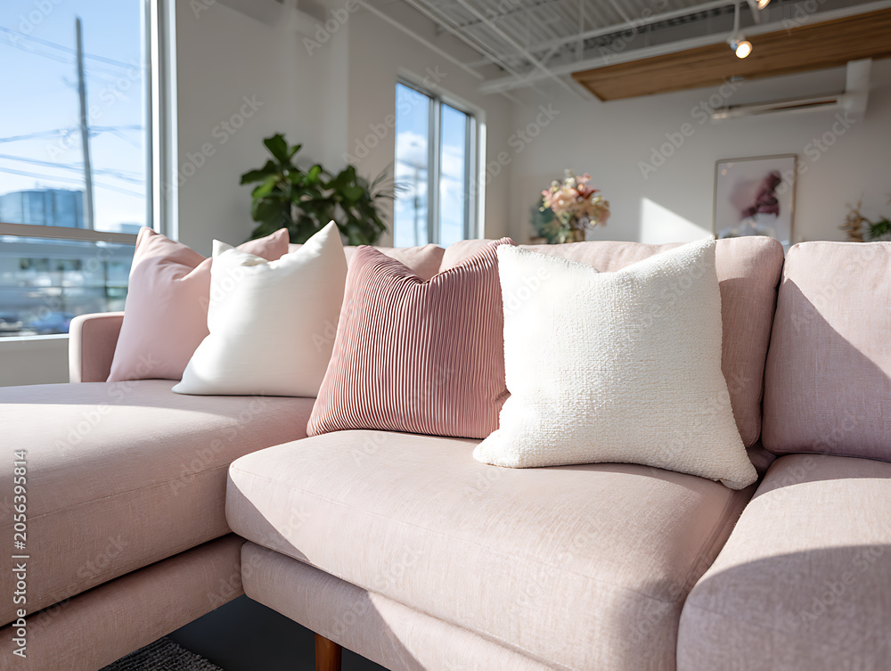 Fototapeta premium Cozy Living Room Sofa Arrangement Modern Apartment Interior Design Bright Space Close-Up Shot Comfort and Style