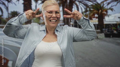 Canvas-taulu Middle aged woman smiling and flashing peace signs on street in front of palm trees; joyful celebration