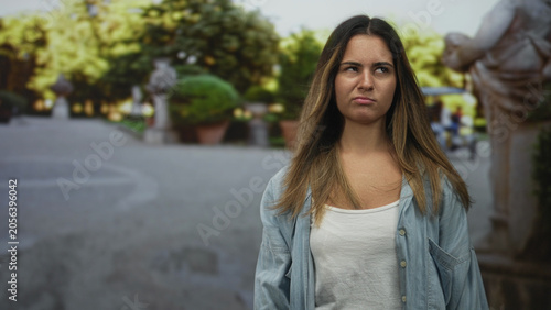 Quadro su tela Woman grimacing with eyes squinted, bare upper chest visible in white tank and denim shirt on street lined with trees and stone statues; disgust urban frustration