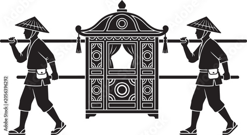 Billede på lærred Asian, traditional, ornate palanquin, vintage vector illustration, black and whi