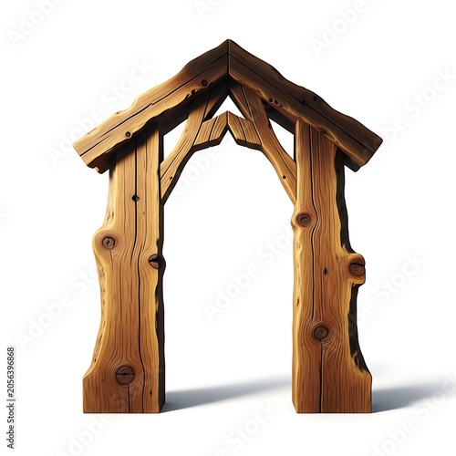 Rustic wooden garden archway made of natural timber logs isolated on white background