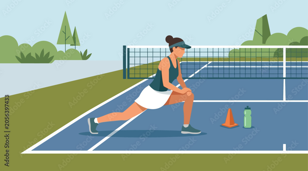 Obraz premium A focused flat design illustration of a tennis player engaged in training and preparation on the court. This minimalist 2D vector art highlights the dedication and hard work behind athletic