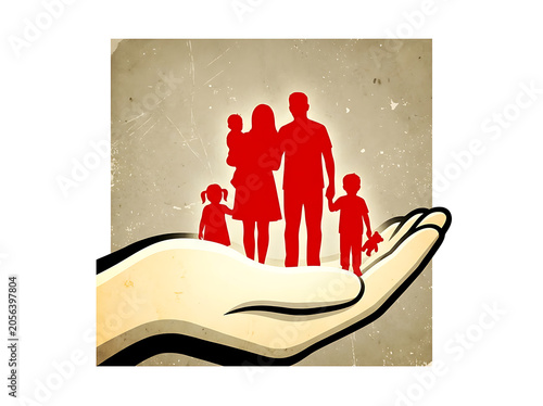 Vintage Style Hand Cradling Red Family Silhouette Icon