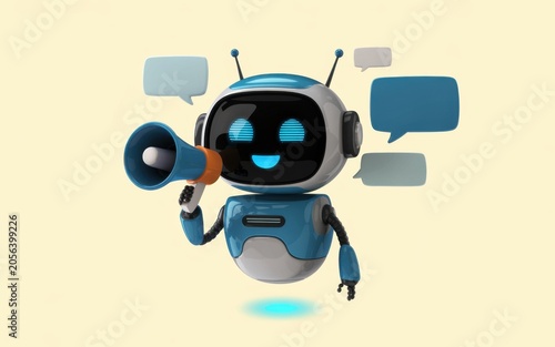 Friendly Blue Robot Holding Megaphone Promoting Ideas Against Yellow Background