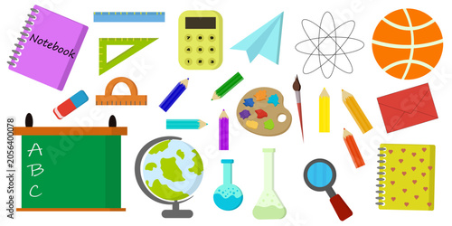 School Supplies and Education Icons Set Isolated on White Background