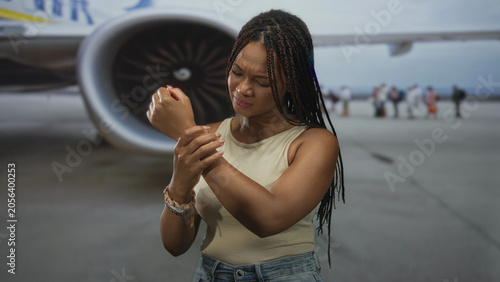 Fotografie Woman clutching wrist beside a jet engine on airport tarmac near boarding passengers while wincing; travel delay discomfort