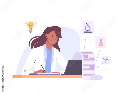 Doctor woman writing scientific article. Data study, health related, epidemiology, outbreaks analysis. Female medical scientist with laptop working at her desk