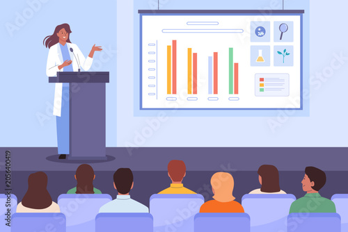 Medical conference. Female Doctor scientist on stage demonstrates result of study or research
