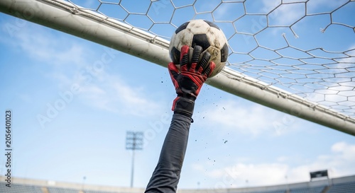 Close up of a soccer goalkeeper's gloved hand catching a flying dirty ball near the net against a blue sky. Dynamic defense action during a professional international sports championship match