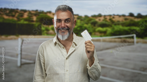 Canvas-taulu Man holding white card with hand on tennis court street, smiling and showing chip on card; confidence trust finance