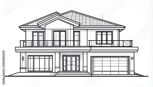 A detailed illustration of a modern two-story house with a balcony and garage is shown in an architectural drawing.