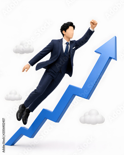 3D Businessman Flying Up with Blue Growth Arrow Concept