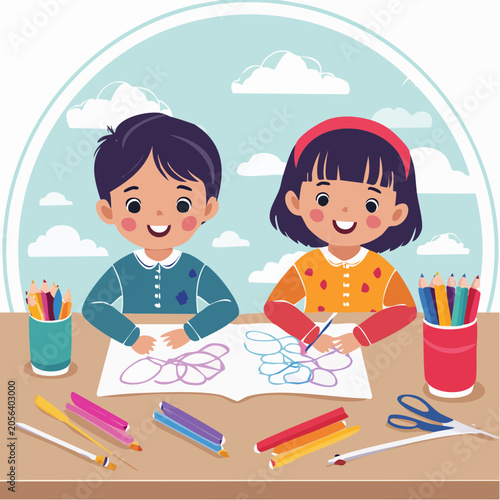 Children Drawing and Coloring Together
