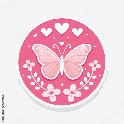 Pink Butterfly with Hearts and Flowers Sticker Design