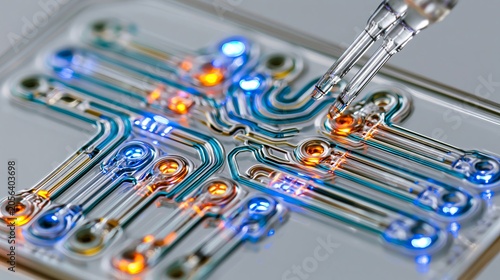 Scientific pipette injecting liquid into a glowing microfluidic device for advanced medical research laboratory analysis