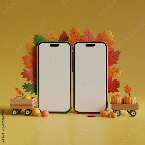 Two blank screen smartphones with autumn fall leaves and harvest decorations creating seasonal advertising space