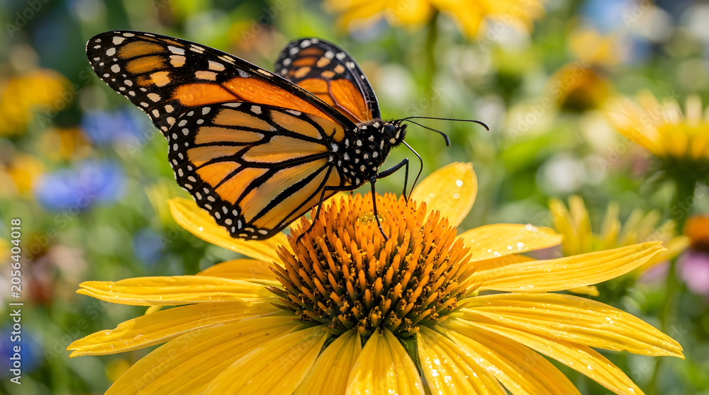 Obraz premium Monarch butterfly feeding on bright yellow sunflower in summer garden close-up detail
