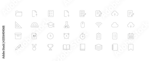 Minimal Education and Study Line Icons Set - Outline School Learning, Book, Document, Calendar, Cloud, Productivity Vector Collection