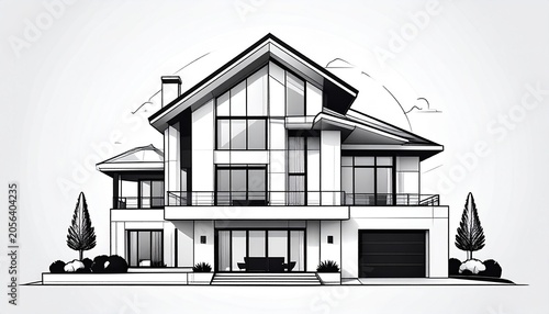 A modern house with large windows and a balcony is shown in an illustration.