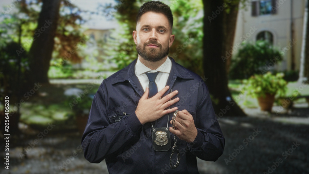 Fototapeta premium Man holding handcuffs in hand with badge visible and hand on chest, detective working in building courtyard; duty authority.