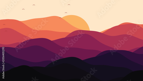 Minimalist layered paper cutout mountain landscape at sunset