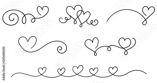 A collection of hand-drawn continuous line art heart designs, featuring elegant swirls, loops, and decorative elements. Perfect for Valentine's Day, weddings, anniversaries, or any love-themed project
