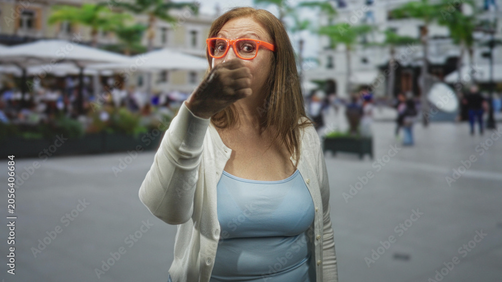 Fototapeta premium Senior hispanic woman wearing orange glasses and sleeveless light blue shirt shows open palm shrug gesture in a busy street plaza cafe; bemusement.