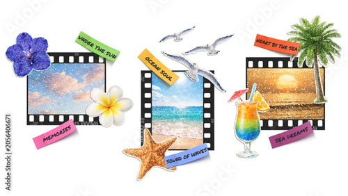 Vector cut out summer and ocean illustrations, vintage empty photo strip template and stickers on transparent background. Trendy retro elements with a halftone effect for collage, poster, banner, cove