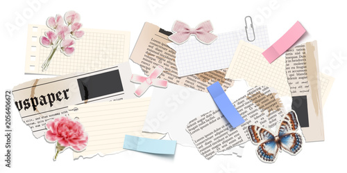 Trendy vector halftone elements for collage design. A set of cut out elements, notebook sheet, torn newspaper, sticker, flower, bow and adhesive tape.