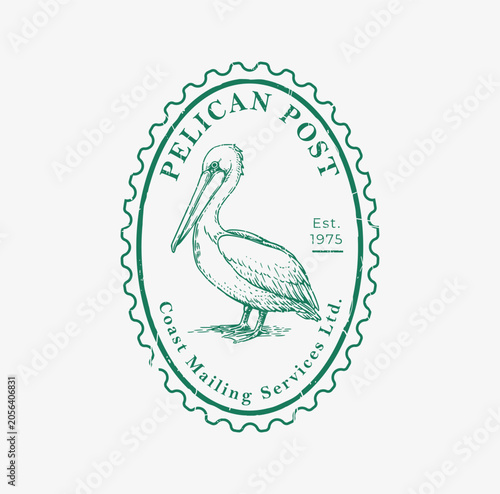 Vintage postage stamp featuring a hand-drawn pelican in retro engraved style. Ideal for coastal branding, travel graphics, stickers, labels and packaging design.
