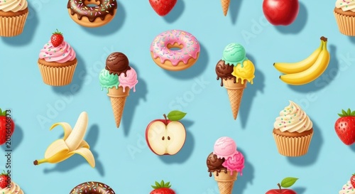 Sweet pattern donuts, ice cream cones, fruit on blue background